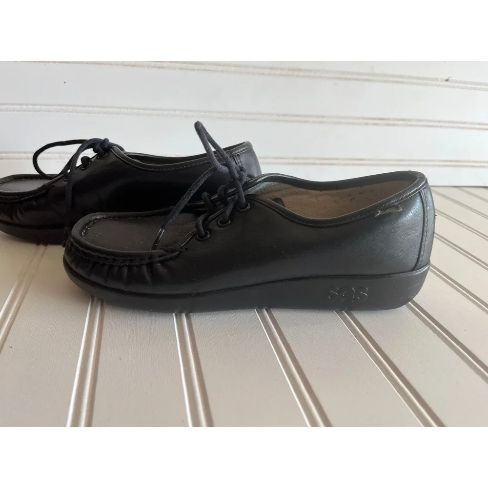 SAS Free Time Black Leather Comfort Walking Shoes Womens 5.5 M Lace Up Low Top